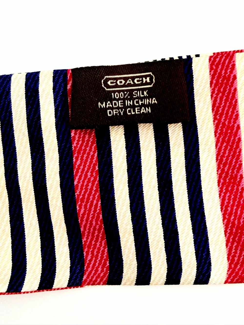 Coach Silk Skinny Scarf - Pink, Navy, & White/Cream Stripe / Signature C